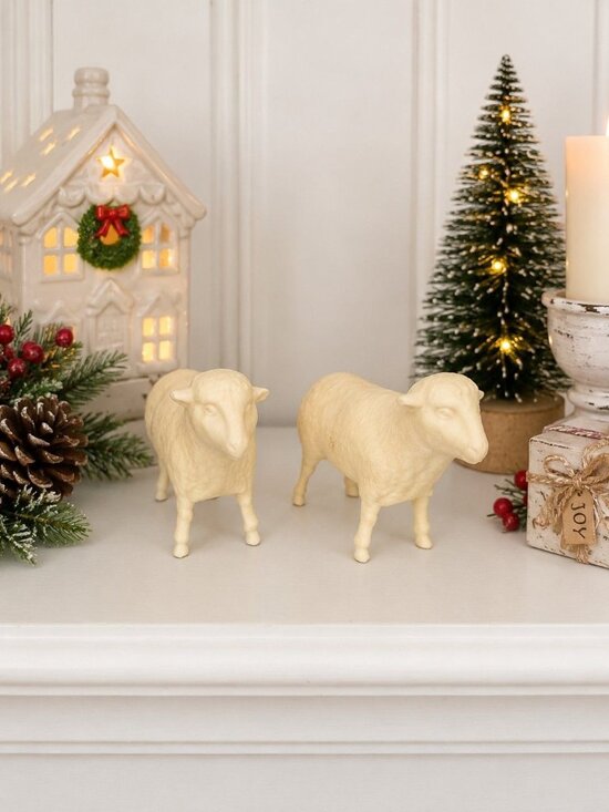 Unknown Other - Vintage Pair Hard Plastic Nativity Sheep 4" White Christmas Replacement Figures